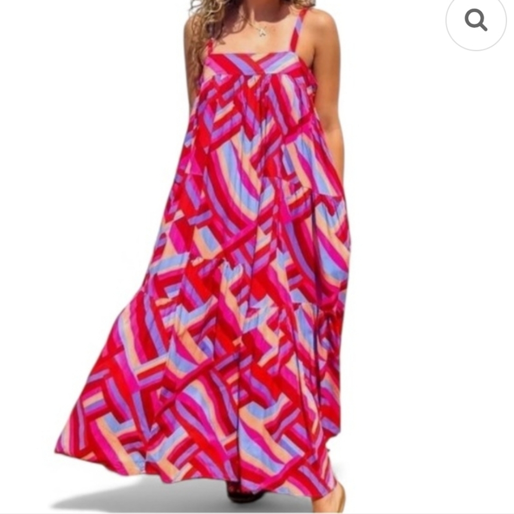 Anthropologie Abel The Label Pink and Blue Geometric Maxi Dress Size M